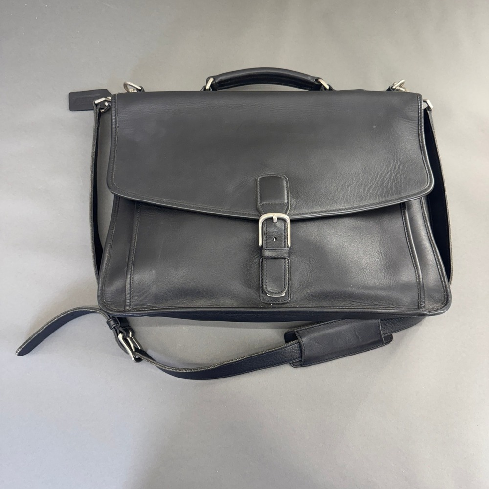 Vintage Coach Black Leather Briefcase Bag with Shoulder Strap & Key